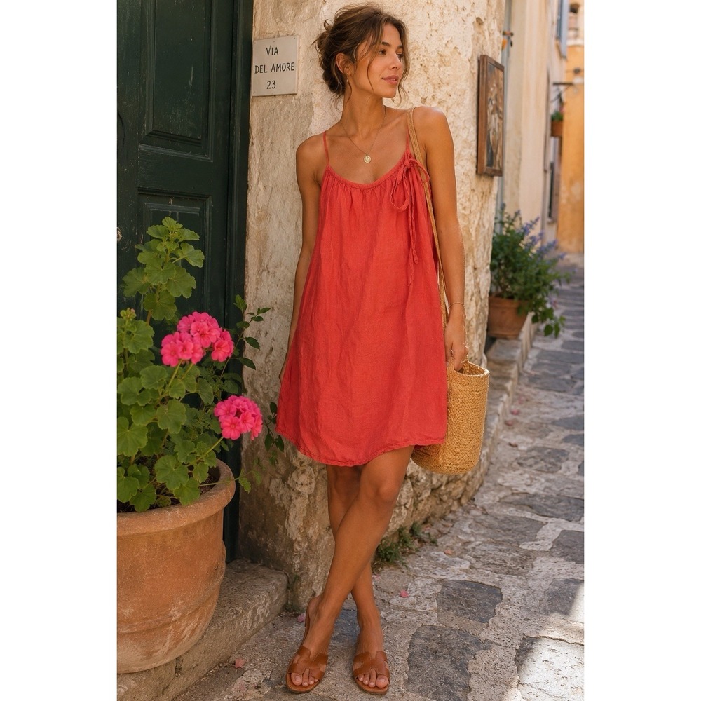Lungo L'Arno Made in Italy 100% Linen‎ Coral Slip Dress Size Small